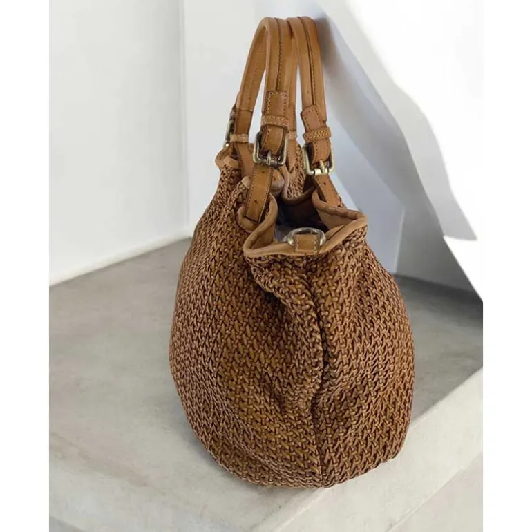 J By J Large Braided Leather Bag Brown